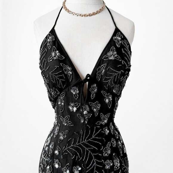 Vintage Black Silk Floral Beaded High Low FIt Flared Prom Dress Size M/L - Picture 6 of 7